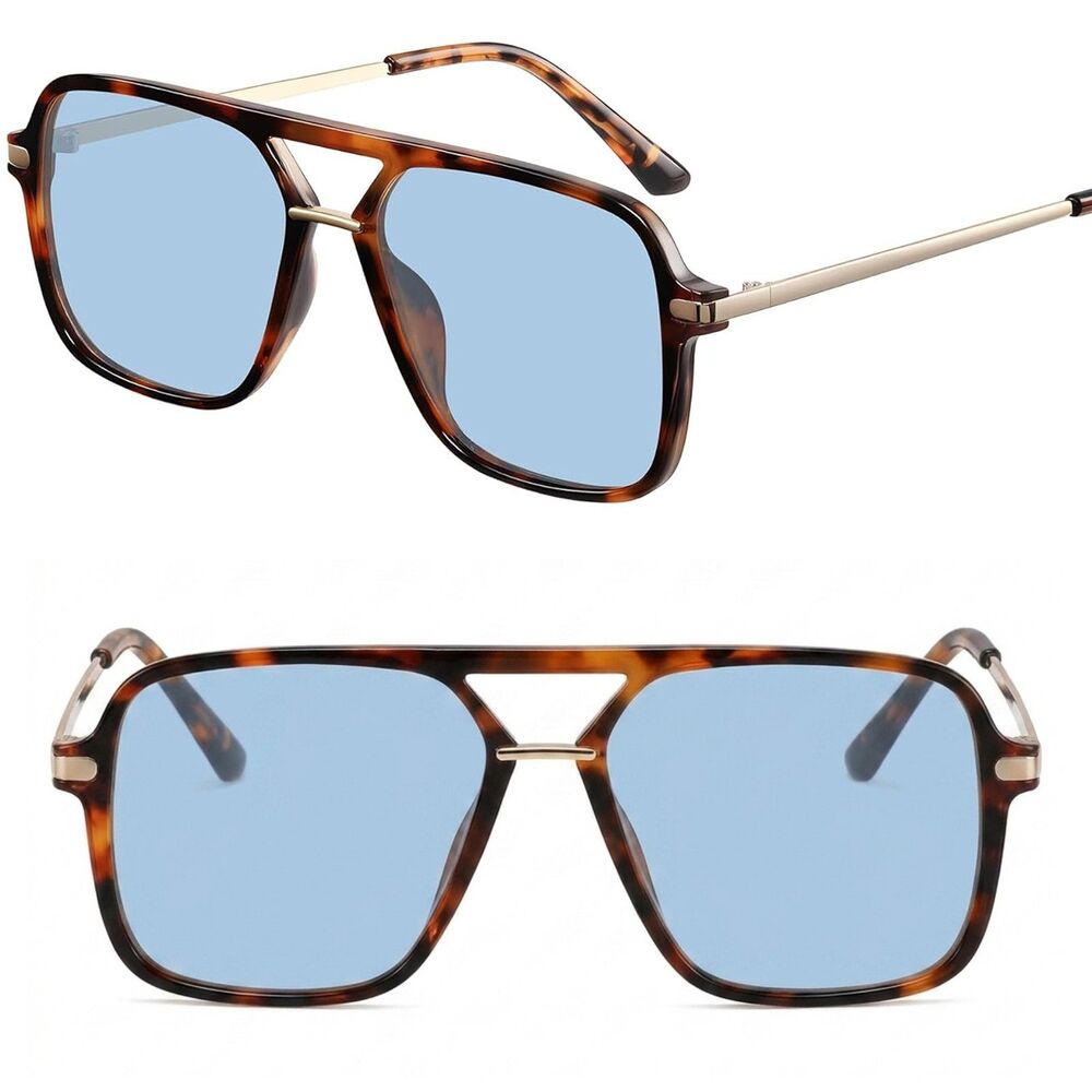 Unisex Tortoise Blue Polarized Square Pilot Double Bridge Retro Style Sunglasses